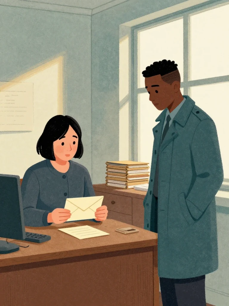 Hana Cho sets the closed cream envelope beside a face-down memo and studies their aligned edges. Sam Okonkwo leans against the desk, gaze fixed on the same pair. Steady lamplight fills the corner office, revealing blank surfaces, worn wood, stacked closed folders, and the quiet window. Setting: Okonkwo Laundrette, Marrow Lane.