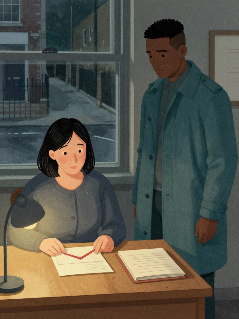 Hana Cho remains seated before the face-down warning envelope and memo while Sam Okonkwo stands close with an empty hand resting on the desk. A lit lamp pools warm light over the plain sheets, closed folder, scuffed wood, and their still faces as the dark lane shows through the window. Setting: Okonkwo Laundrette, Marrow Lane.