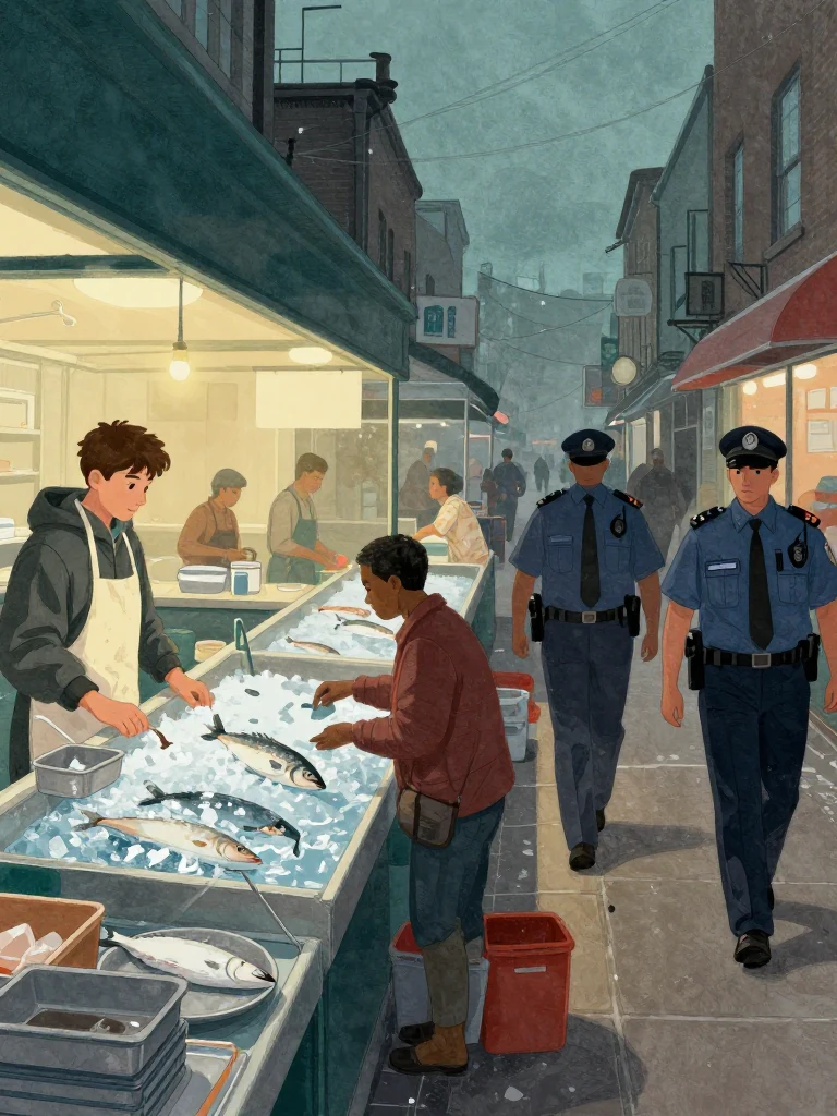 An unnamed teenage fish worker stands behind the market counter at dawn with an apron beneath a borrowed jacket. Two unnamed officers approach from the aisle as crushed ice, metal scales, and silver fish catch the first gray light. The worker holds still while nearby vendors freeze and the officers close in. Setting: Okonkwo Laundrette, Marrow Lane.