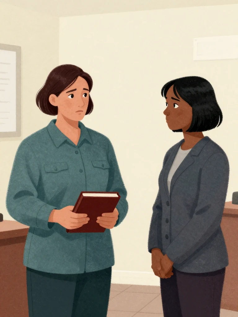 Imogen Brook stands upright, holding a closed featureless bound object, facing Hana Cho who leans slightly forward. Both are in a sterile, fluorescent-lit room. the same person's expression is firm, eyes locked on the same person. the same person listens, posture attentive, hands clasped. The air feels tense, charged with legal gravity.