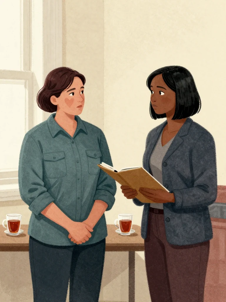 Imogen Brook stands facing Hana Cho, hands clasped, posture firm. the same person leans slightly forward, eyes locked, holding a folder. Cold tea cups sit on a small table beside them. Light from a window casts soft shadows. Both wear practical clothing. The air feels tense, charged with unspoken stakes.