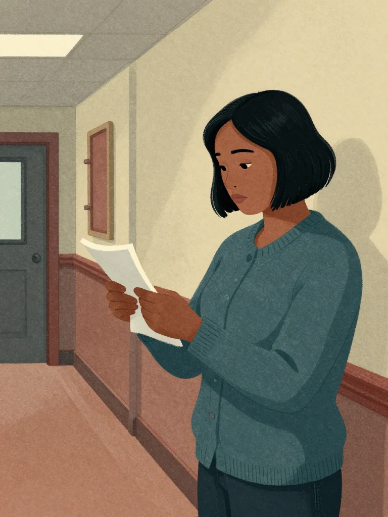 Hana Cho stands in a corridor, holding a folded item, her gaze fixed on it as she works it three times. Her posture is still, absorbed, surrounded by the quiet hum of an institutional hallway. The item's crisp edges catch the ambient light.