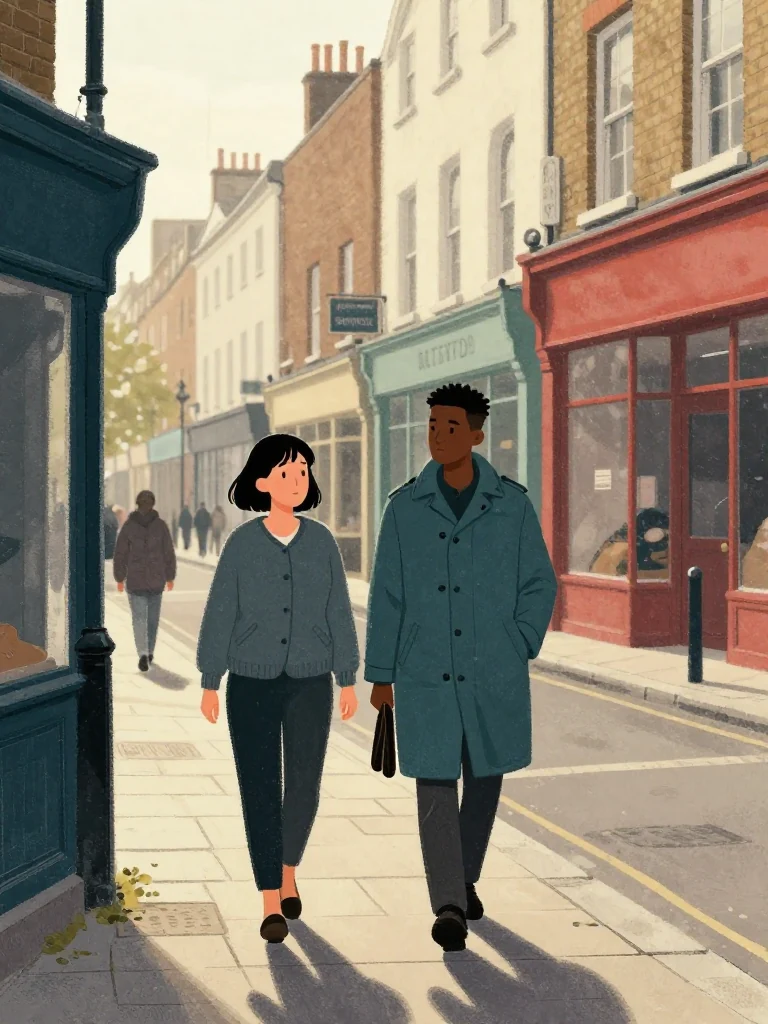 Hana Cho and Sam Okonkwo walk the local pavement together, matching a remembered chronology to shopfronts, kerbs, and crossing points. The man keeps a small closed pad at his side while the woman studies each physical interval. Late afternoon light lengthens their shadows along the familiar street. Setting: Okonkwo Laundrette, Marrow Lane.
