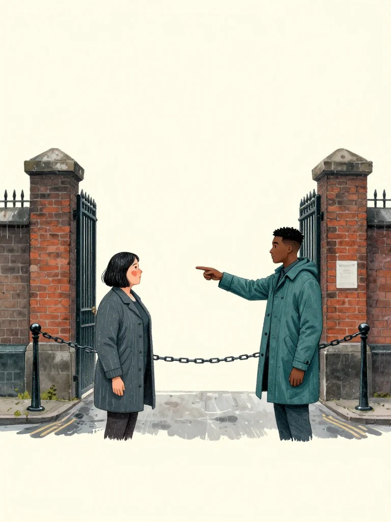 Hana Cho and Sam Okonkwo stop together at chained market gates across from the archway. The man indicates the sightline with one open hand while the woman follows it across the road. Cold daylight gleams on iron links, wet pavement, brick walls, and the measured distance between both landmarks. Setting: Okonkwo Laundrette, Marrow Lane.
