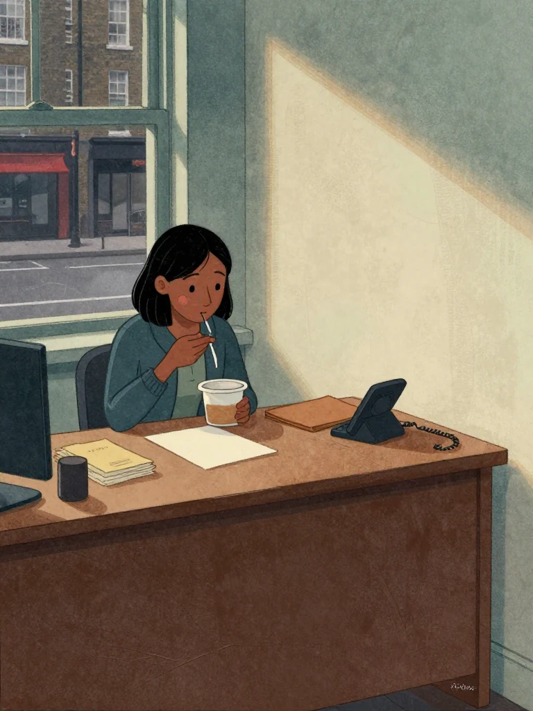 Hana Cho sits alone in the corner office, eating from a plain container while a dark phone rests beside a closed folder. Her gaze stays on the silent device between bites. Evening light fades across the desk, worn floor, stacked face-down sheets, and the window above the local street. Setting: Okonkwo Laundrette, Marrow Lane.