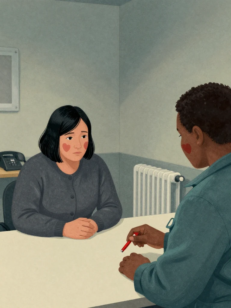 Hana Cho sits still, observing Imogen Brook's small capped hand tool suspended over plain surface in a quiet custody room. A radiator emits soft heat, a distant phone buzzes faintly, and the air holds stillness. the same person's hand remains poised, eyes fixed on the plain surface.