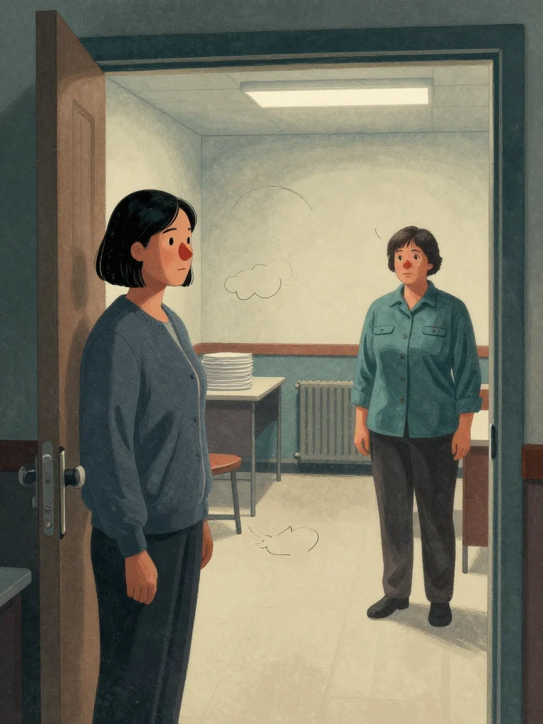 Hana Cho stands at the door, facing Imogen Brook who stands in the interview room. the same person holds herself still, posture upright, gaze steady. the same person listens, body unmoving, eyes forward. The room is dim, lit only by overhead fluorescents, with a radiator and plain surface stacks visible in the background.