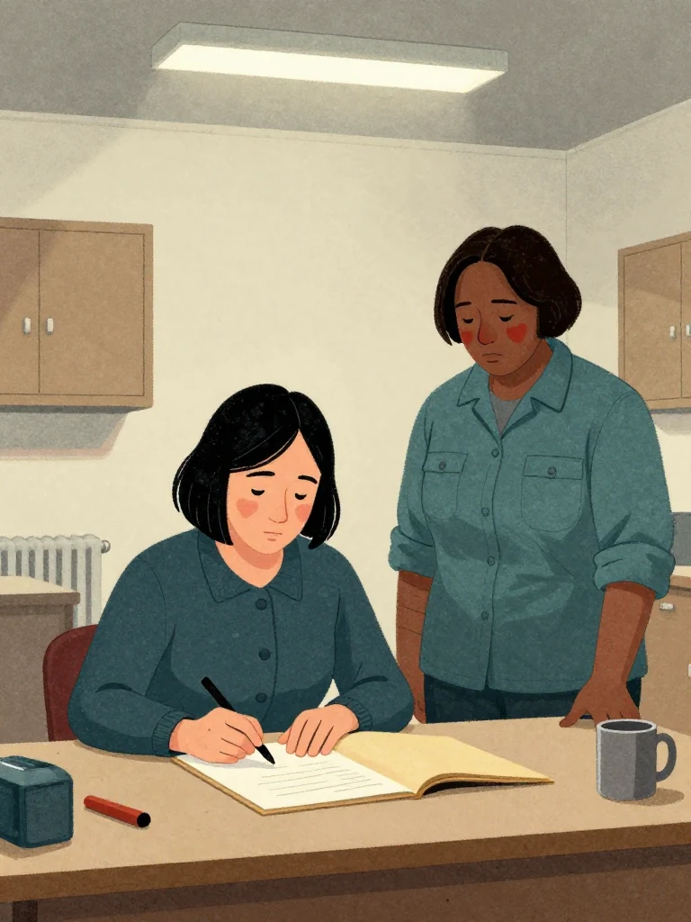 Hana Cho sits at a desk signing a closed featureless bound object, her hand steady. Imogen Brook stands beside her, eyes fixed, small capped hand tool poised over plain surface. The room is lit by overhead fluorescents, with a radiator and closed featureless bound object cabinets visible. A folder rests open on the desk, and a mug sits beside it. The air is still, quiet, and tense.