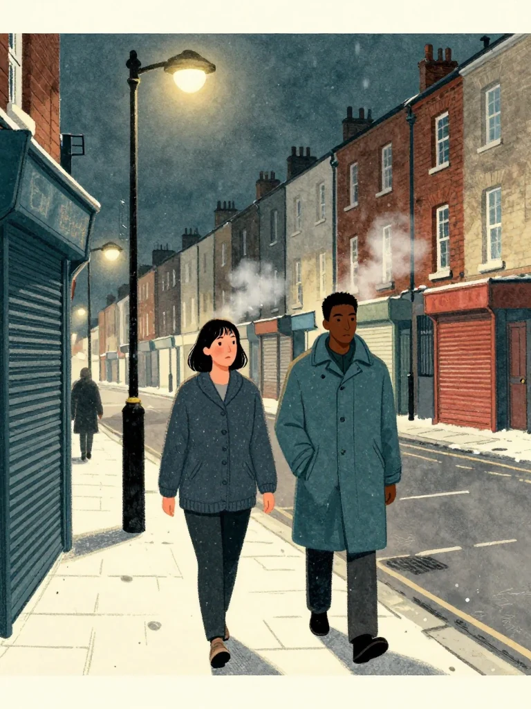 Hana Cho walks home beside Sam Okonkwo through the winter darkness, both empty-handed and moving at the same measured pace. Streetlamp pools cross cold pavement, shuttered shops, brick terraces, and their visible breath. The man keeps close to the road edge while the woman looks ahead. Setting: Okonkwo Laundrette, Marrow Lane.