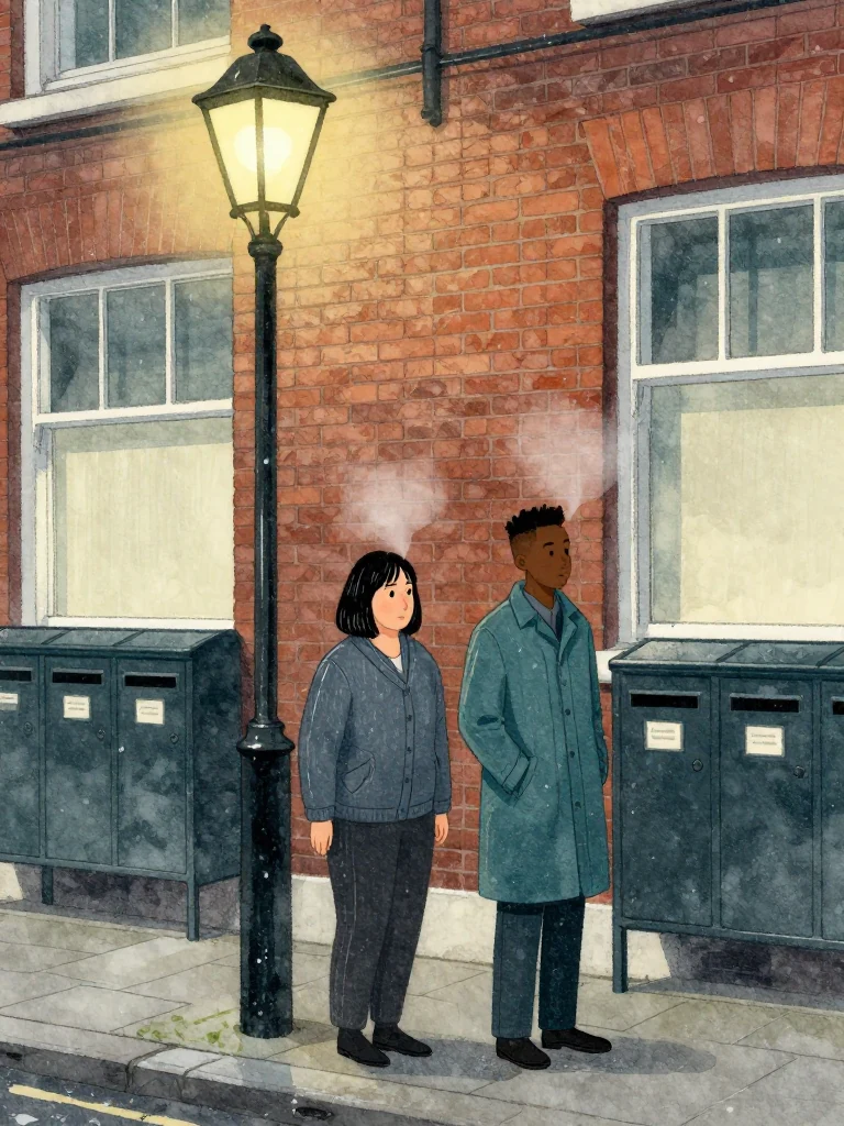 Hana Cho slows beneath a streetlamp while Sam Okonkwo waits beside her, both still on the walk home. Her gaze settles on closed office windows and rows of dark letterboxes as the implications gather. Cold air, damp brick, and their misting breath hold the reflective street moment. Setting: Okonkwo Laundrette, Marrow Lane.