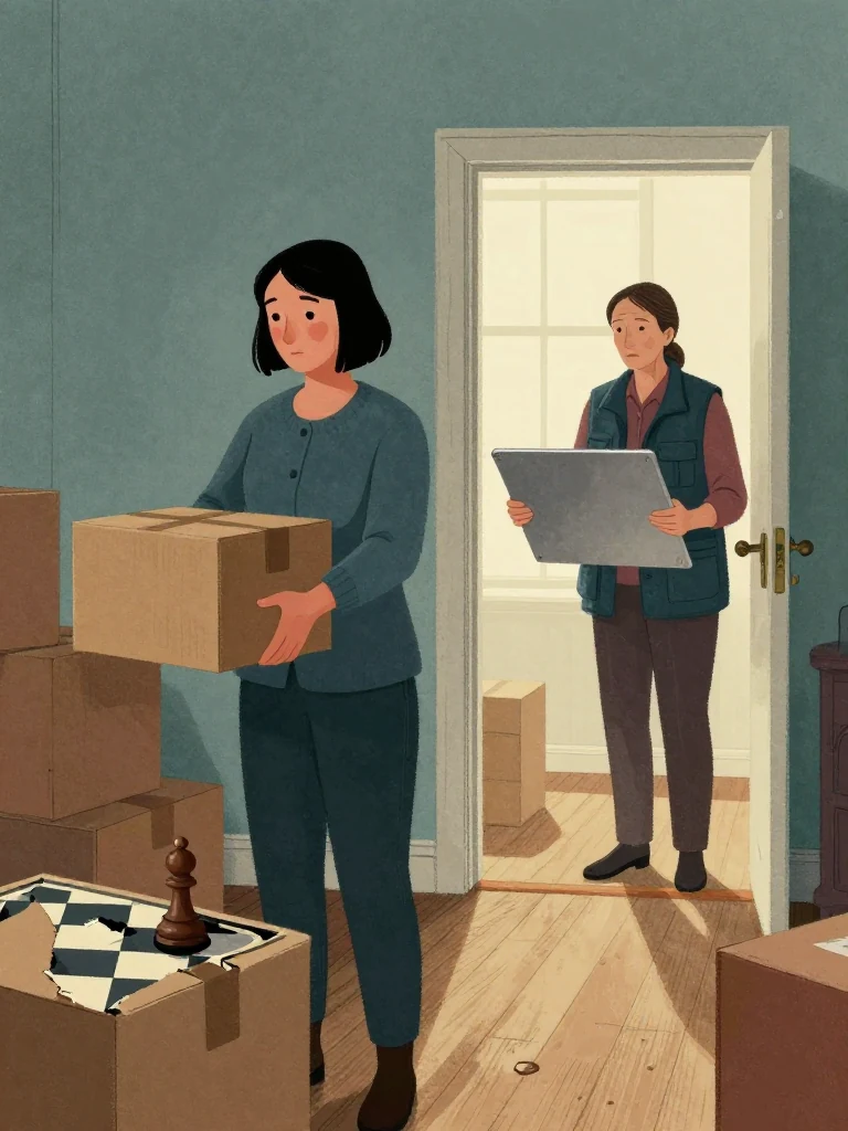 Hana Cho stands on a landing holding a box, her gaze fixed on a crushed chess closed featureless bound object spine peeking from a torn box. Rosalind Finch stands in the doorway, holding a plain metal board held face-down, marking boxes with a steady hand. Morning light filters through a window, casting soft shadows on the worn wooden floor and cardboard boxes stacked against the wall. Setting: Walter Finch's Flat.