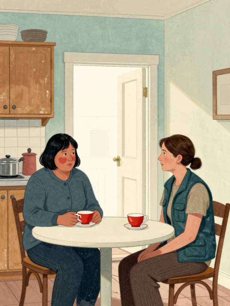 Hana Cho and Rosalind Finch sit across a small kitchen table above the neighborhood, mismatched tea cups between them and the landing door open. The older woman keeps composed hands around her cup while the younger woman listens. Soft daylight crosses worn cabinets, plain crockery, and the narrow domestic room. Setting: Okonkwo Laundrette, Marrow Lane.