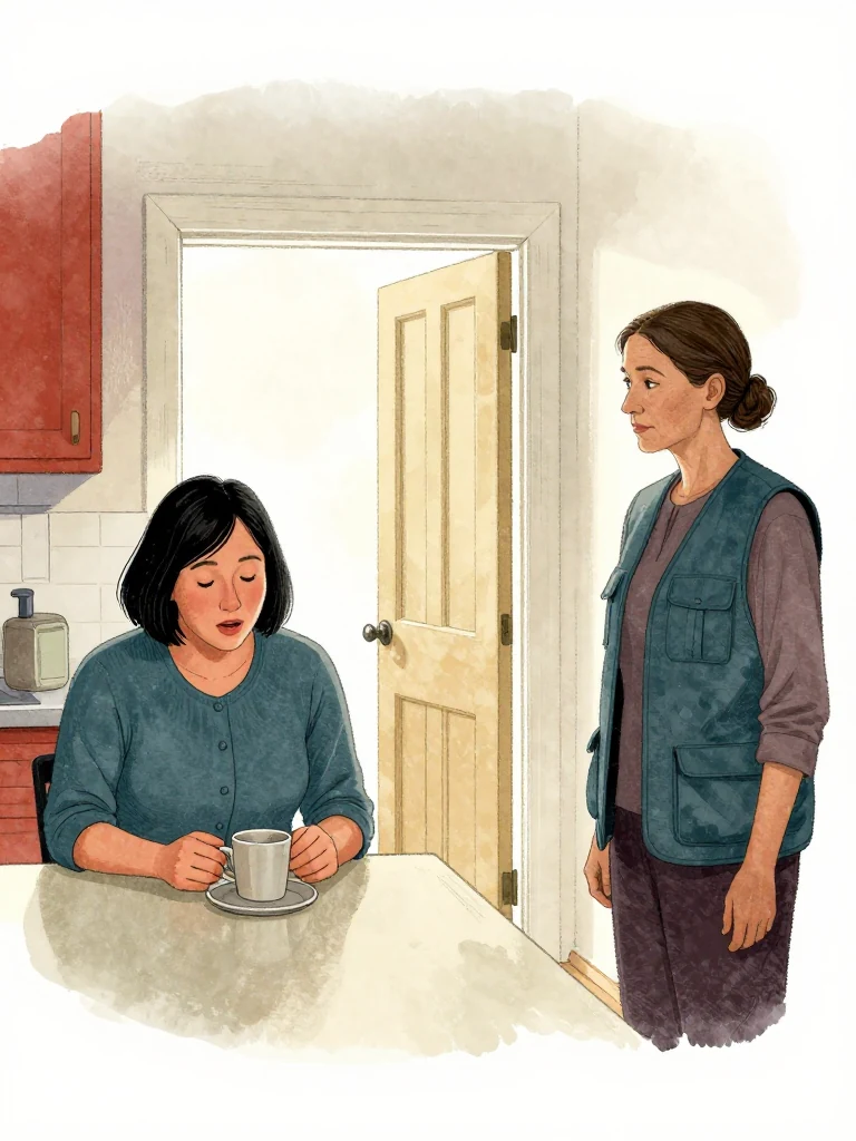 Hana Cho stops mid-sentence at the kitchen table, eyes lowered and hands drawn together near a mismatched cup. Rosalind Finch remains opposite, posture exact and gaze attentive. Quiet afternoon light reaches through the open landing door, revealing worn wood, pale steam, and the difficult pause between them. Setting: Okonkwo Laundrette, Marrow Lane.