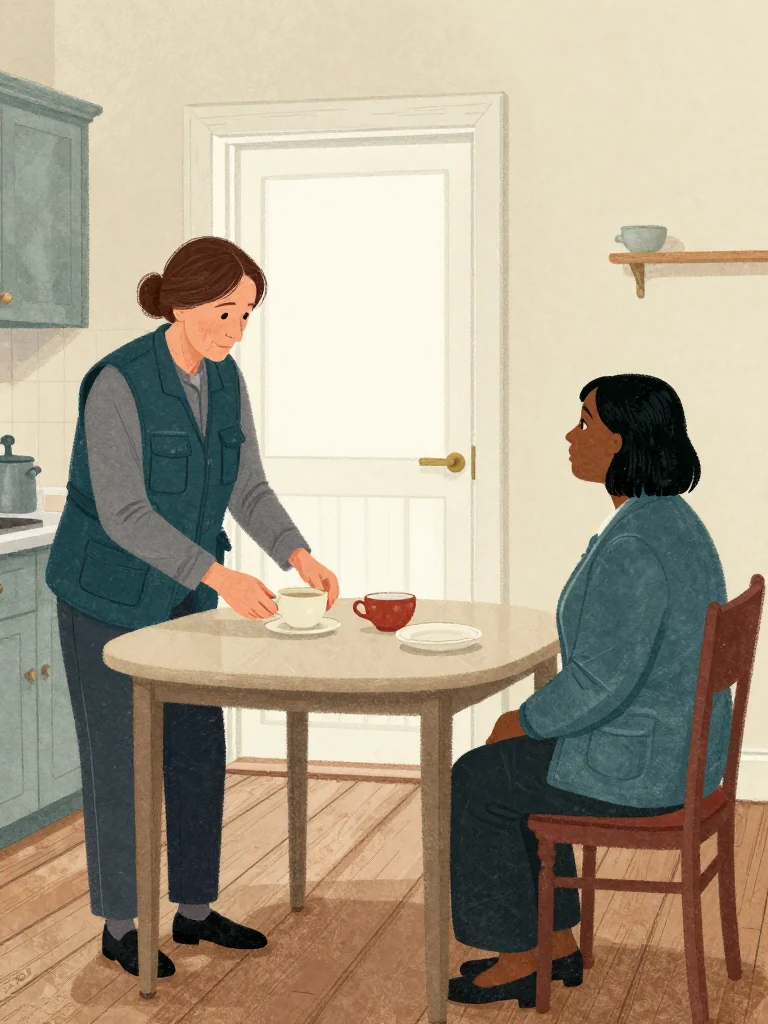 Rosalind Finch straightens a mismatched tea cup twice, then rises from the kitchen table with controlled precision. Hana Cho stays seated opposite and observes the movement. Soft light enters from the open landing door, catching the cup rim, plain table, worn floorboards, and the distance opening between both women. Setting: Okonkwo Laundrette, Marrow Lane.