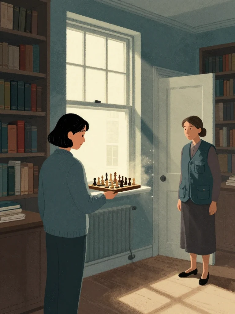 Hana Cho stands near a window, gazing at a chessboard holding a mid-game position, dust haloed around the pieces. Bookshelves line the walls in subject order, their spines neat and dusted. Rosalind Finch observes from the doorway, silhouetted against the light. Sunlight streams through the window, catching dust motes in the air. The room feels still, preserved, and full of quiet history. Setting: Walter Finch's Flat. Visible objects: The Mid-Game Chessboard.