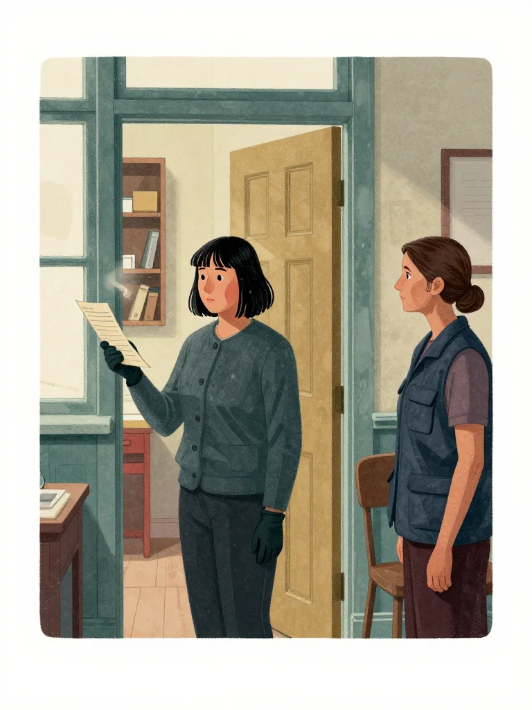 Hana Cho stands in the preserved flat wearing estate gloves, holding an unfiled door log angled away from the viewer as one finger rests beside a concealed spring entry. Rosalind Finch observes from the nearby chair. Window light reveals ordered shelves, dust halos, the landing door, and untouched room geometry. Setting: Walter Finch's Flat.
