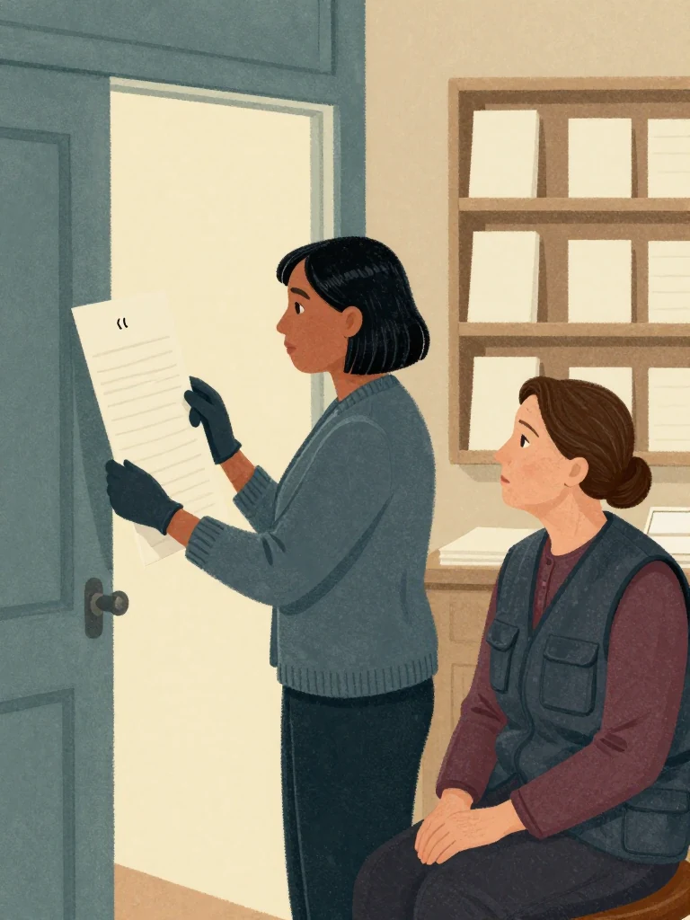 Hana Cho holds the unfiled door log open at a steep angle, staring at a small paired mark hidden along the inner margin. Rosalind Finch sits close enough to follow her reaction. Late light crosses estate gloves, blank sheet edges, ordered shelves, and the quiet flat where the recorded entry has changed meaning. Setting: Walter Finch's Flat.