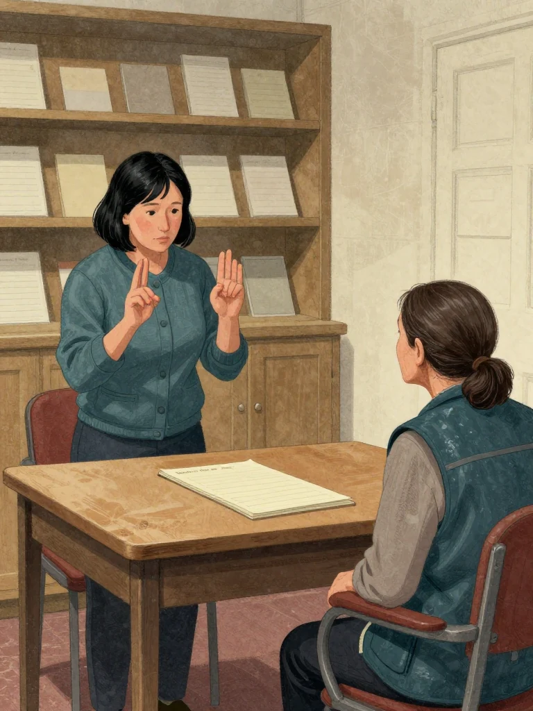 Hana Cho stands beside the table and counts remembered visits on four raised fingers while Rosalind Finch observes from the chair arm. The unfiled door log lies closed and face-down between them. Natural light fades across the preserved shelves, worn carpet, plain cover, and their concentrated faces. Setting: Walter Finch's Flat.