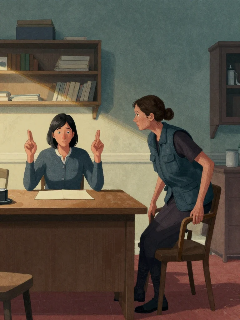 Hana Cho keeps four fingers raised above the table as the timeline settles into place. Rosalind Finch lowers herself onto the arm of a chair in a sudden unguarded movement, gaze fixed on the same person. Dusty evening light catches the closed face-down log, ordered shelves, and untouched furniture. Setting: Walter Finch's Flat.