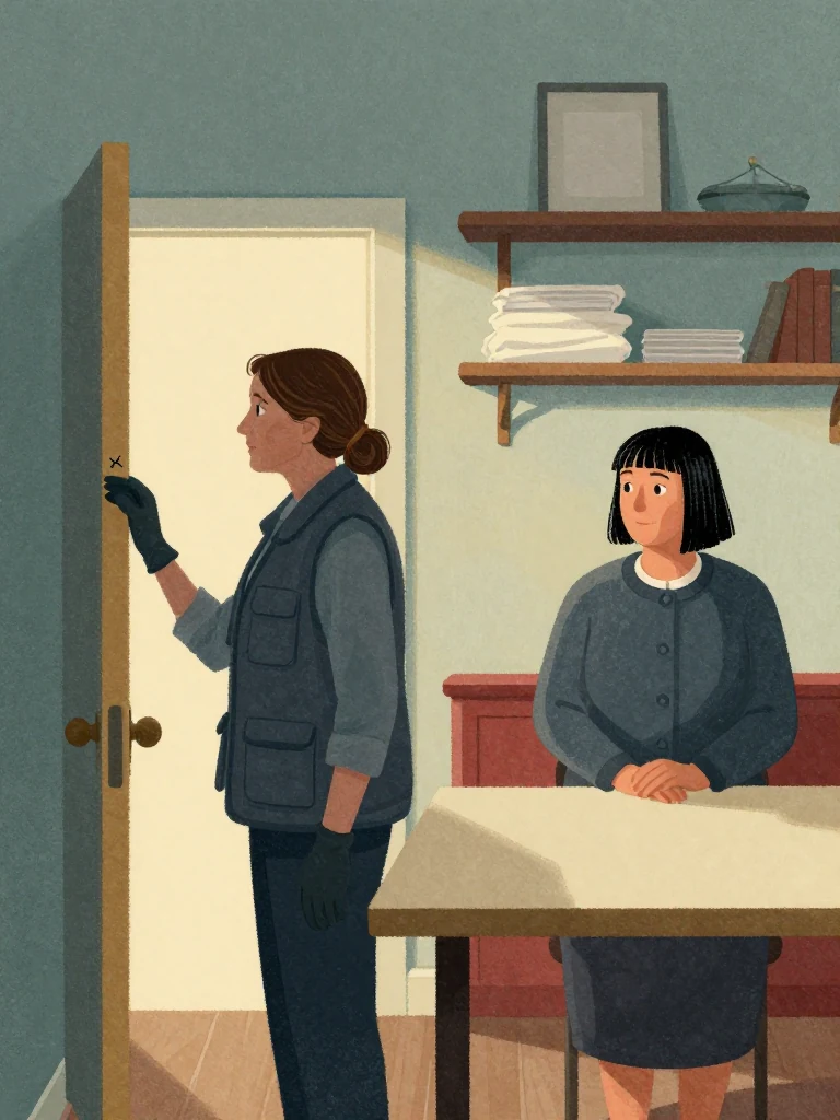 Rosalind Finch studies a small paired mark concealed along the edge of the angled door log while Hana Cho stands across the table and waits. The log presents only a blank outer edge toward the viewer. Soft evening light touches estate gloves, clean sheet edges, ordered shelves, and the older woman's carefully governed face. Setting: Walter Finch's Flat.