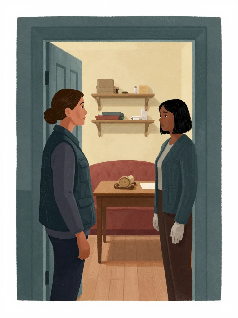 Rosalind Finch pauses at the flat doorway as the daylight fades, body turned back toward Hana Cho inside the preserved room. The younger woman stands beside the table with gloved hands lowered. Ordered shelves, covered furniture, a closed face-down log, and the dim landing frame their final exchange. Setting: Walter Finch's Flat.
