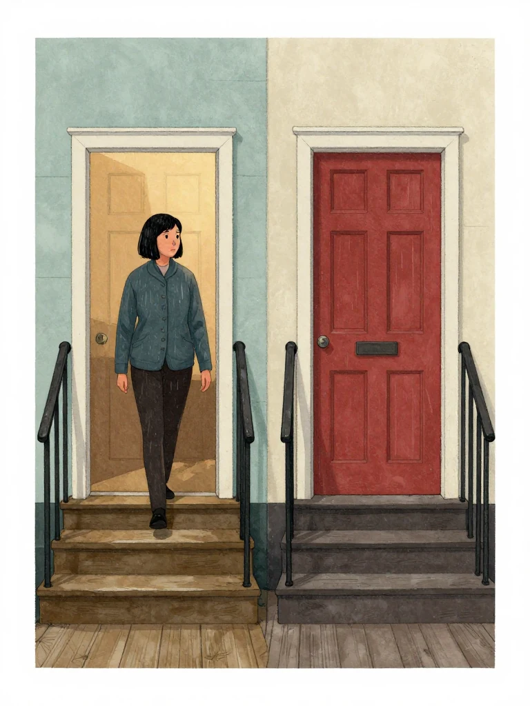 Hana Cho crosses the six-step landing and stops inside her own doorway, looking back toward the opposite empty doorway. Dim evening light spans the worn boards between both homes. The vacant threshold, quiet banister, closed doors, and her fixed posture preserve the absence at the center of the landing. Setting: Okonkwo Laundrette, Marrow Lane.
