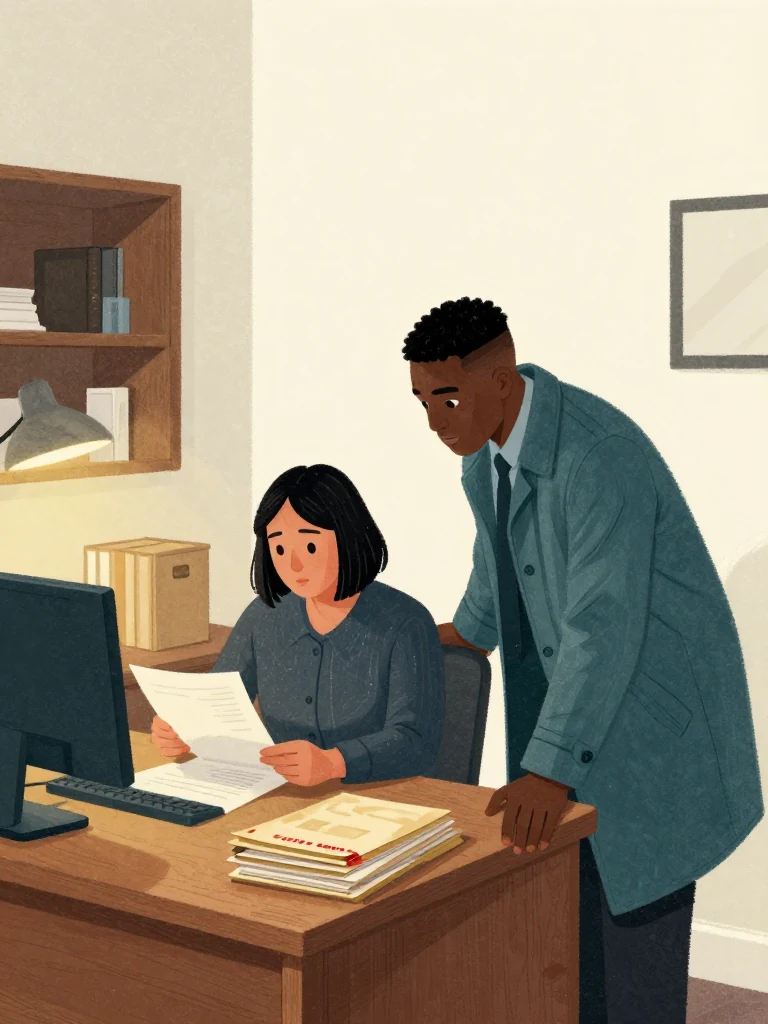 Hana Cho studies a newly delivered expert report at the corner office desk while Sam Okonkwo leans beside her and follows the face-down sheet edges. A recorded-delivery wrapper rests plain and closed nearby. Lamplight crosses worn wood, stacked folders, and their dawning relief above the neighborhood. Setting: Okonkwo Laundrette, Marrow Lane.