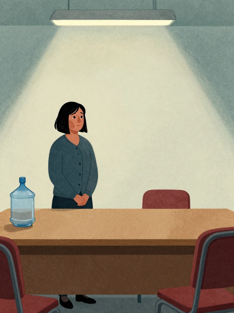 Hana Cho stands at the long table, facing the panel, hands clasped, posture tense but composed. The room is stark, lit by cold overhead light, with a water jug untouched on the table. She observes the panel chair, eyes fixed, as the session begins.