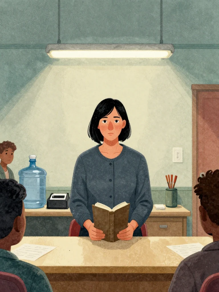 Hana Cho stands at a long table, holding a closed featureless bound object, facing the panel. Her posture is rigid, eyes fixed forward. The room is lit by cold fluorescent light, with a water jug and minute-taker visible on the table.