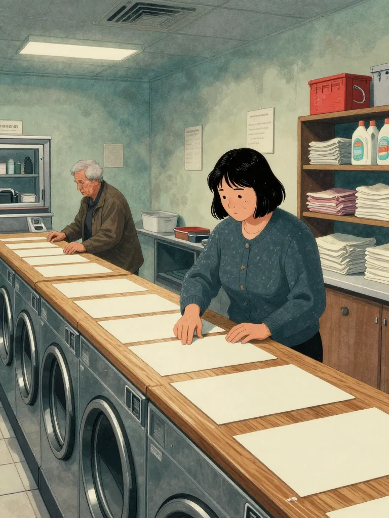 Hana Cho spreads glossy exhibit photographs face-down across the laundrette counter while an unnamed older owner traces their sequence with one finger and briefly polishes the wood. Cool shop light catches plain photo backs, folded cloth, detergent shelves, smoke-stained plaster, and the procedural shape of shared grief. Setting: Okonkwo Laundrette, Marrow Lane.