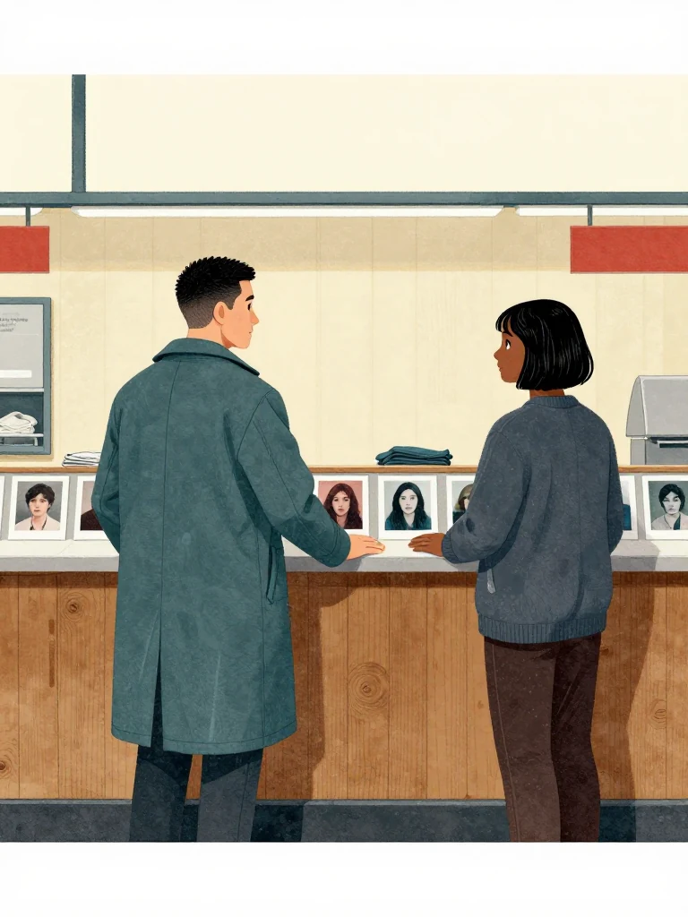 Sam Okonkwo looks across the laundrette counter at Hana Cho, both holding still over a row of face-down exhibit photographs. She meets his gaze with one palm beside the aligned stack. Even shop light reveals worn wood, folded laundry, smoke stains, and the quiet conclusion passing between them. Setting: Okonkwo Laundrette, Marrow Lane.