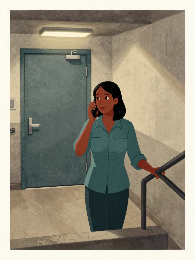 Priya Anand stands alone in a concrete stairwell during a phone call, one hand near her ear and the other gripping the rail. A closed fire door and hard overhead light frame her tense posture. The landing remains sparse while her alert gaze tracks the consequences of the access audit.