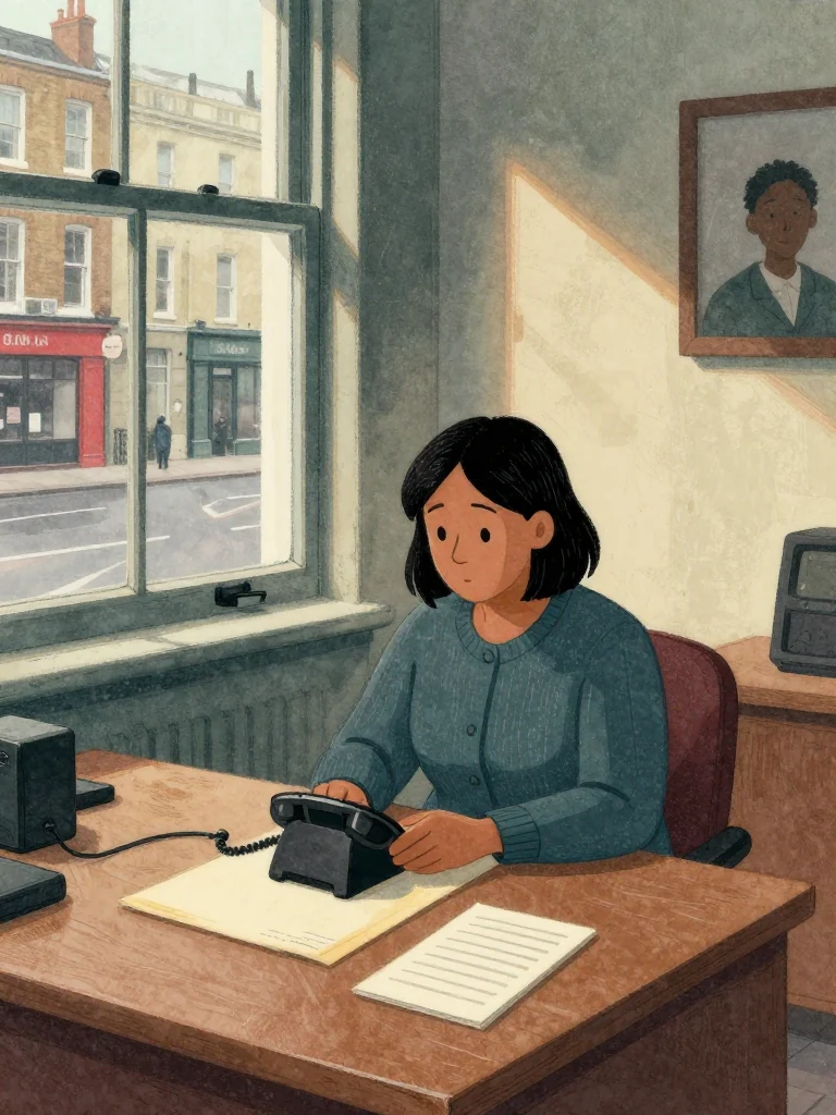 Hana Cho sits alone in the corner office with a dark phone centered beside both hands, waiting for it to ring. A closed folder and face-down slips remain squared on the desk. Winter afternoon light fades through the window across worn boards and the quiet lane below. Setting: Okonkwo Laundrette, Marrow Lane.