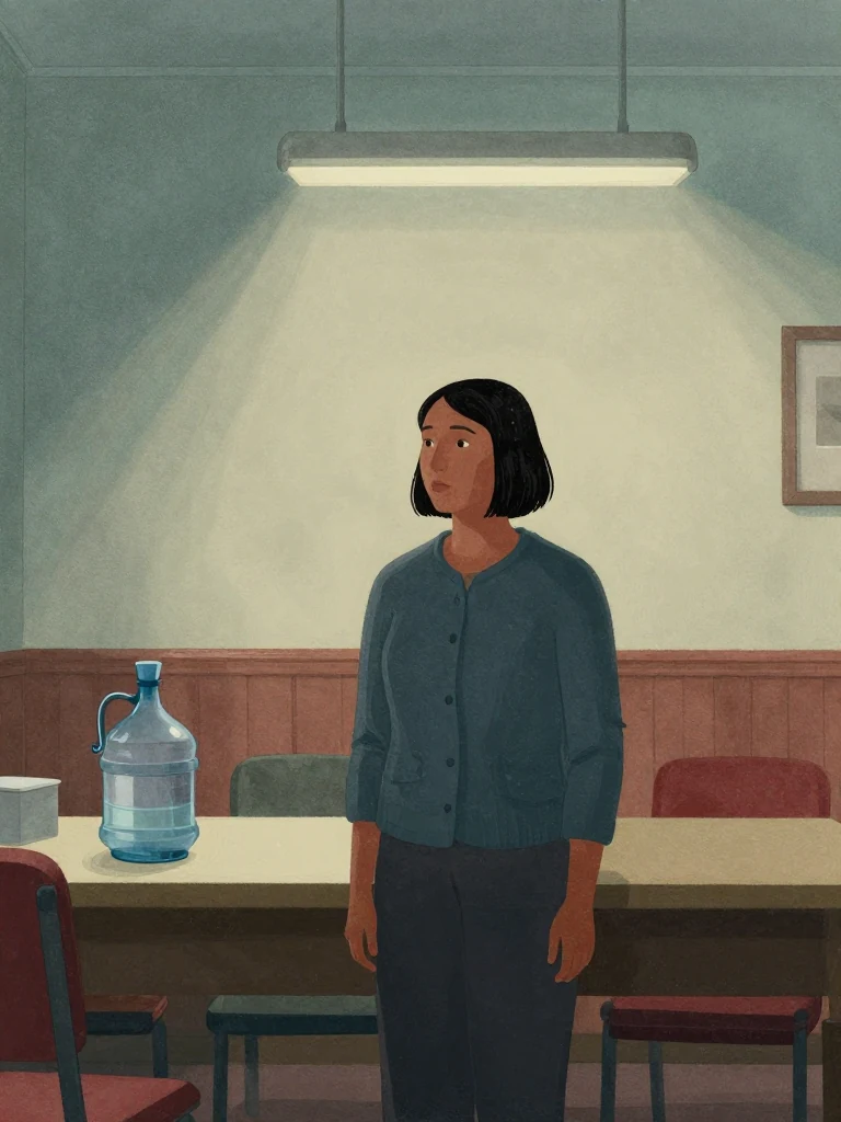 Hana Cho stands at a long table, gazing at a water jug, lost in thought. Her posture is still, hands likely resting at her sides. The room is quiet, lit by neutral overhead light. Behind her, the table holds a jug and other items. The air feels still, as if time has paused.