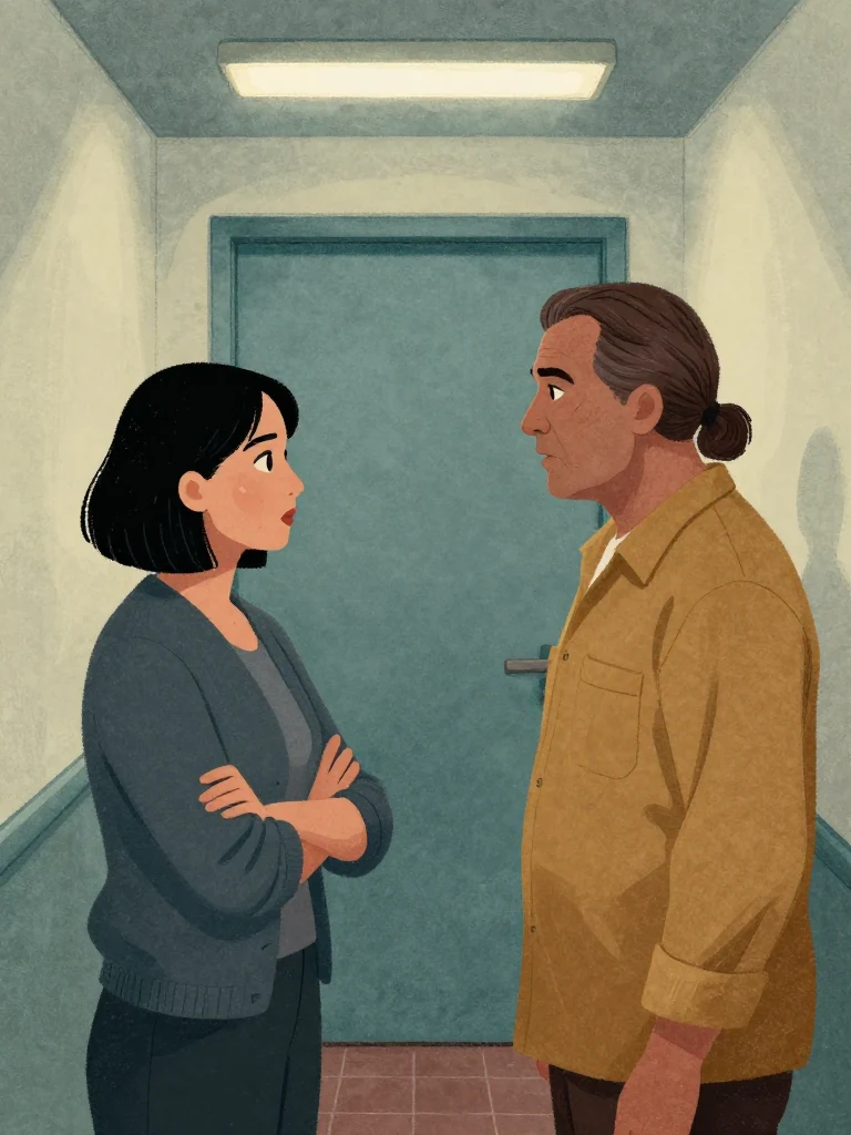 Hana Cho stands facing Gerald Sass, arms crossed, eyes locked in challenge. the same person stares back, mouth slightly open, shoulders rigid. They are in a narrow corridor lit by overhead fluorescents, with a closed door behind them. The air feels tense, charged with accusation.