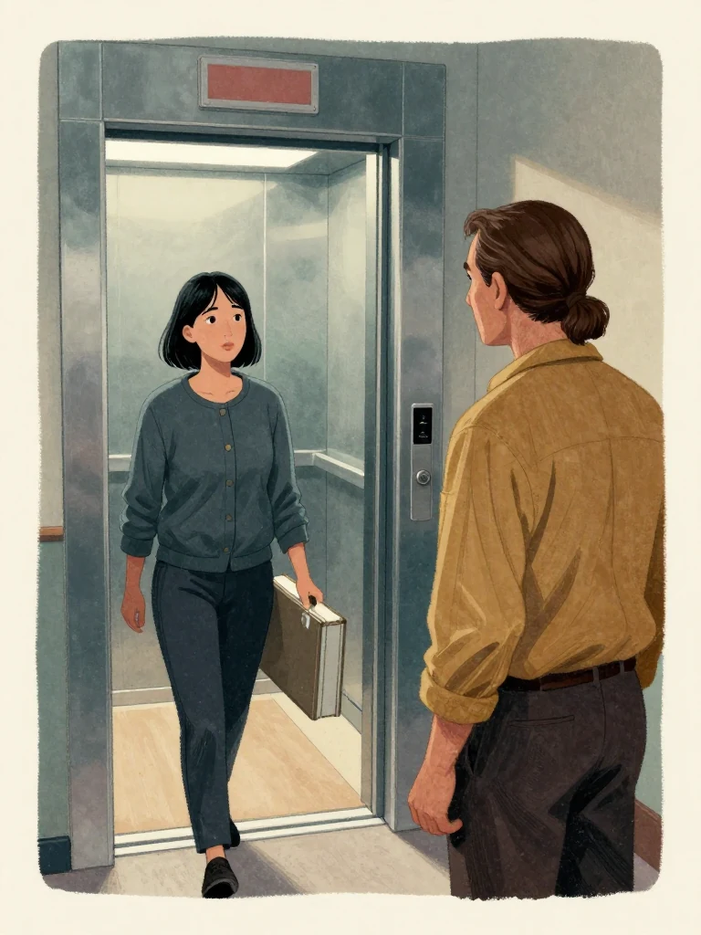 Hana Cho steps into an open lift and turns toward Gerald Sass, who remains at the threshold after their corridor exchange. He holds a sealed archive case against his side. Cold institutional light reflects from steel doors, polished flooring, and their level gazes before the lift departs.