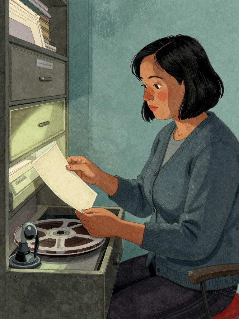 Hana Cho sits at a basement records reader as the reel winds down, one hand holding a plain microfiche copy and the other resting beside a small closed pad. Green-white light catches metal drawers, dust, and blank sheets while her gaze fixes on the single archival flaw she has found.