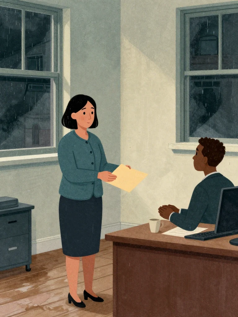 Hana Cho stands in the neighborhood corner office facing an unnamed insurer counsel across the desk. The visitor places a closed plain offer folder between them while the same person keeps both hands clear. Overcast daylight washes worn floorboards, dark window glass, and the careful distance around the proposal. Setting: Okonkwo Laundrette, Marrow Lane.