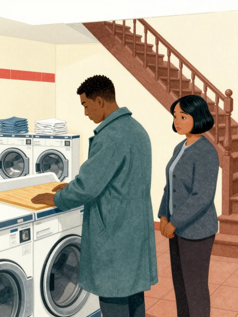 Sam Okonkwo looks toward an unnamed father behind the laundrette counter as the older man polishes the same patch of wood once. Hana Cho stands beside him and waits. Daylight catches fresh paint, folded cloth, silent machines, and the upper stair after the sewing stops. Setting: Okonkwo Laundrette, Marrow Lane.