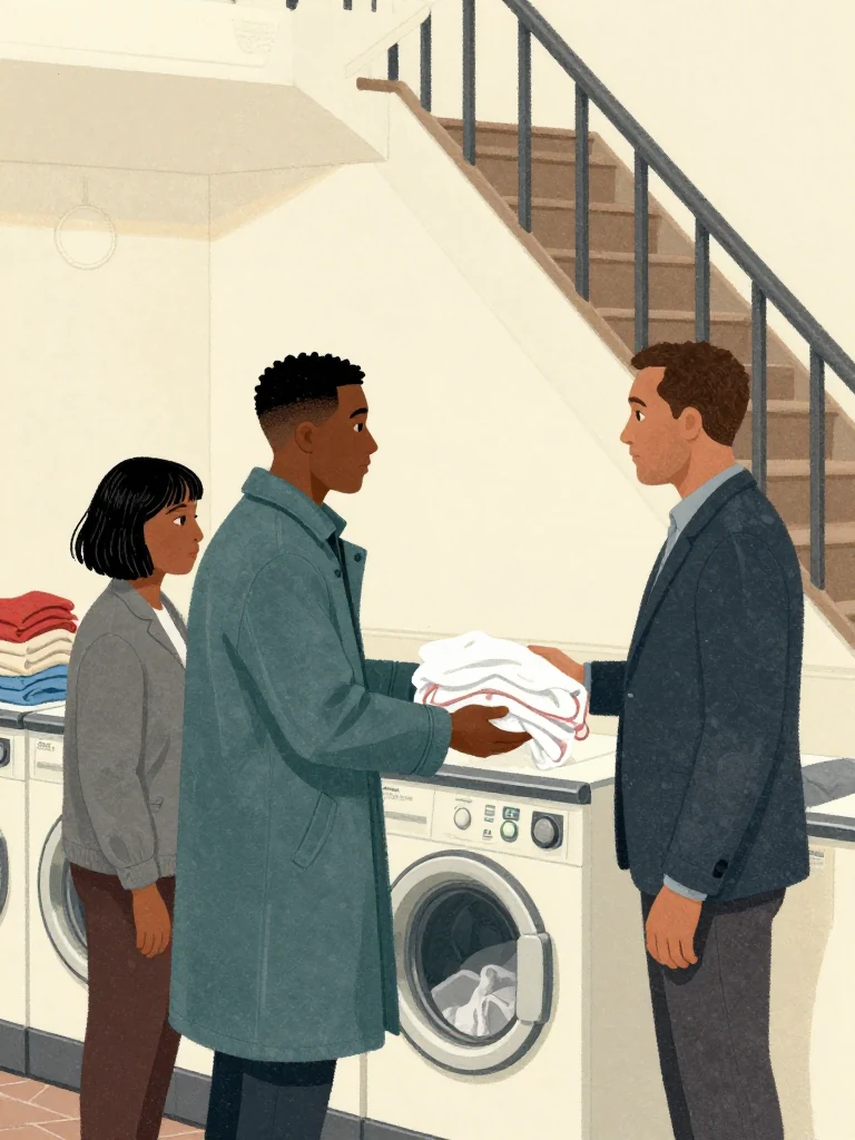Sam Okonkwo stands squarely beside the laundrette counter, delivering the terms to an unnamed father with direct open hands. Hana Cho remains close and observes both men. Pale daylight crosses fresh paint, folded laundry, the still sewing stair, and his face as duty and family settle together. Setting: Okonkwo Laundrette, Marrow Lane.