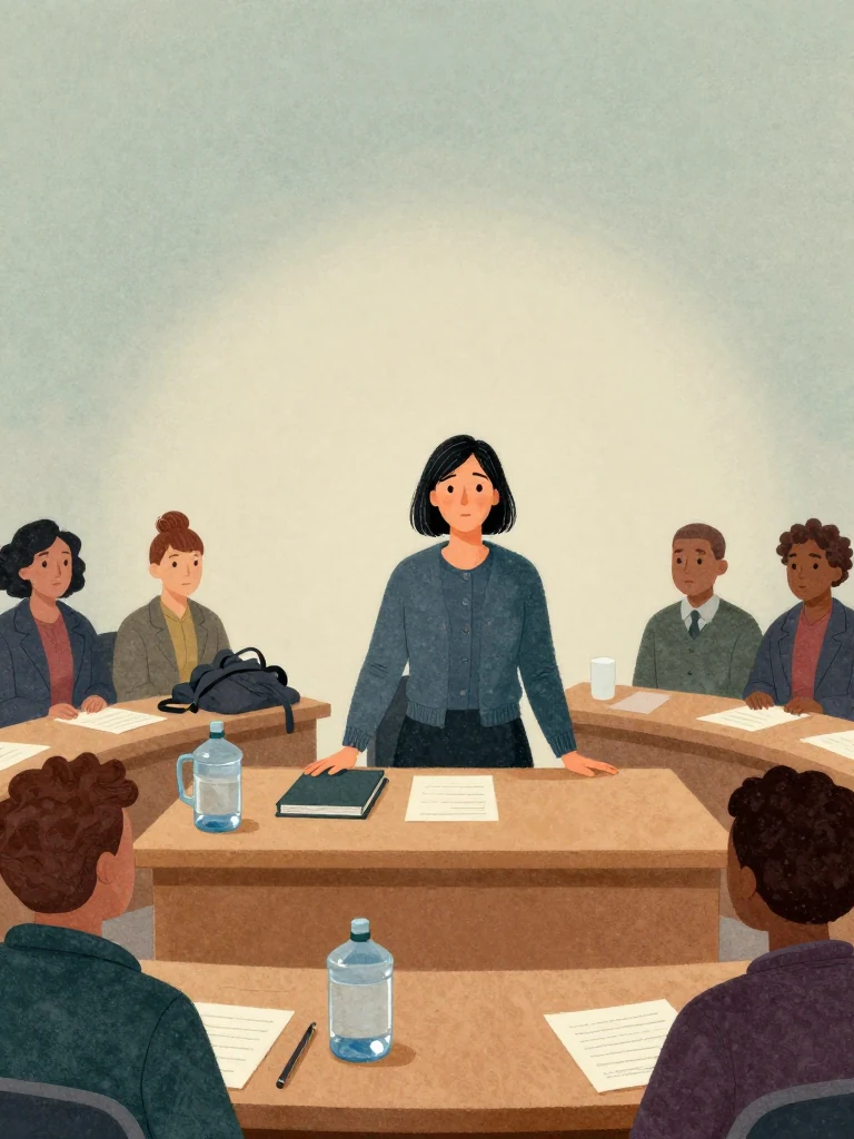 Hana Cho stands at the hearing table and completes her argument toward an unnamed review panel, one hand resting beside a closed case folder. Flat civic light crosses the long table, empty water jug, winter coats, and plain face-down materials while her steady posture carries the final point into the record.
