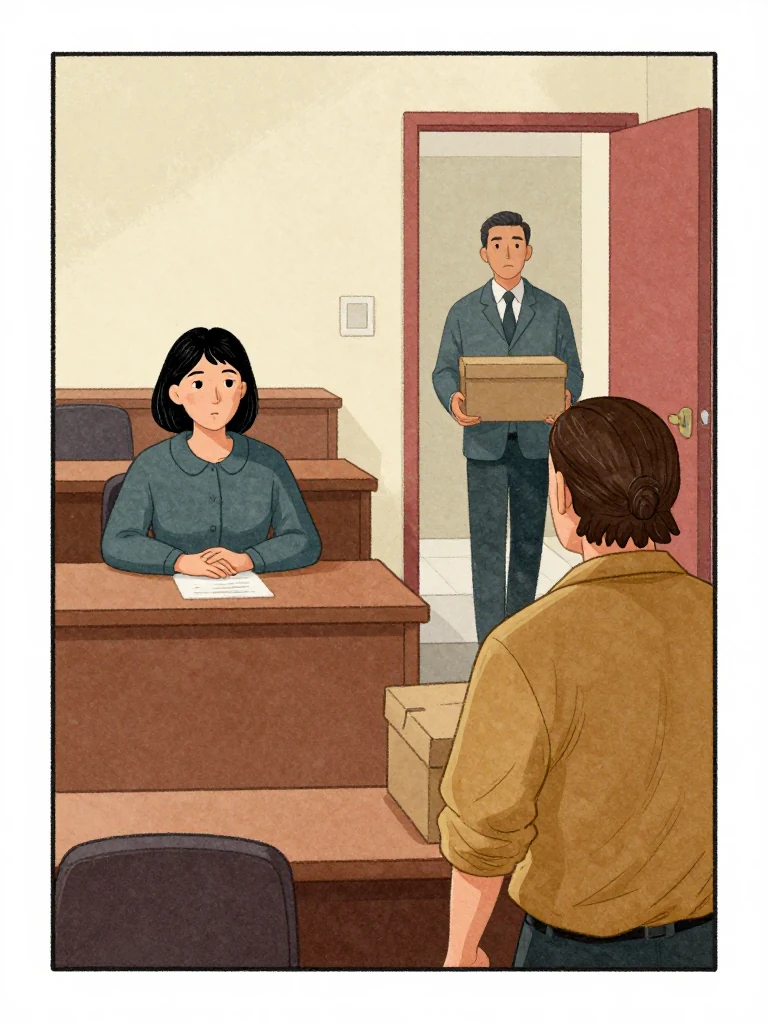 Hana Cho, the same person, sits at the hearing table, eyes forward, posture rigid. Gerald Sass, the same person, enters holding a box closed featureless bound object, standing at the room's threshold, facing the panel. Civic furniture surrounds them. Light is even, institutional.