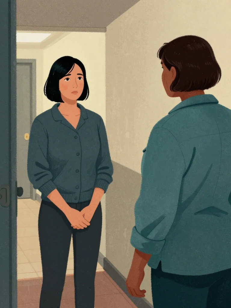 Hana Cho stands in a corridor holding a bundle, her posture tense. Imogen Brook approaches, hand extended, eyes locked on her. The corridor is dimly lit, walls bare, floor polished. the same person's gaze is fixed ahead, shoulders rigid. the same person's stance is open, confident, motionless.
