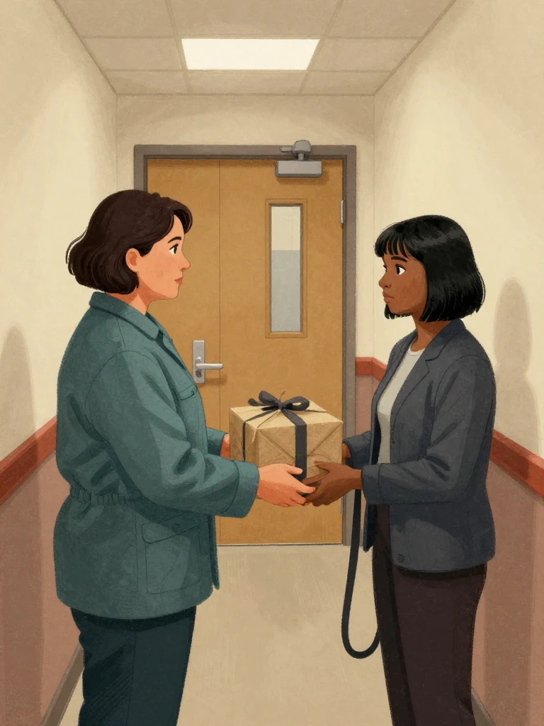 Imogen Brook turns physically in the corridor and faces Hana Cho after accepting the assembled bundle, approval visible in her squared stance and direct gaze. The younger woman holds the remaining strap loose at her side. Institutional light runs across bare walls, polished floor, and the closed hearing-room door behind them.