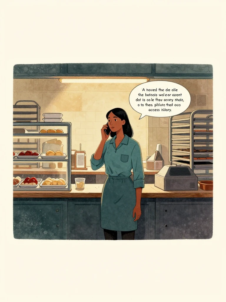 Priya Anand stands alone in a quiet bakery during a phone call, one hand near her ear as trays cool behind the counter. Warm work light catches flour dust, metal racks, a closed till, and her composed stance while she explains the usefulness of her deliberately ordinary access history.