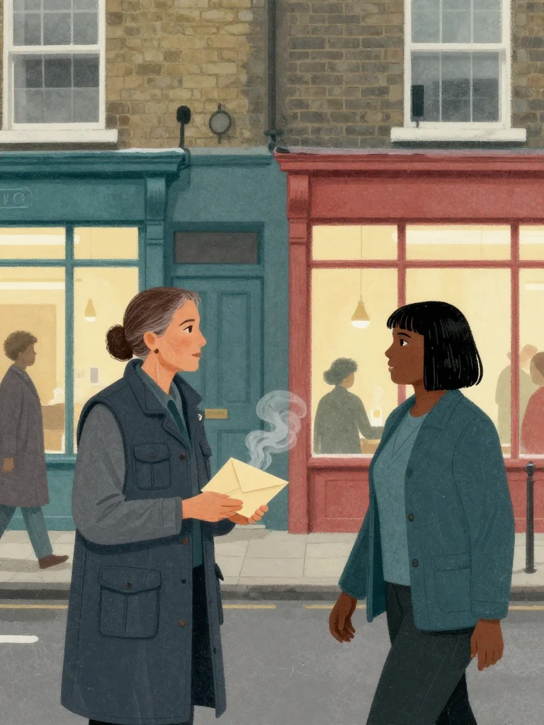 Rosalind Finch arrives at the edge of the warm neighborhood gathering with her coat fastened and a closed plain envelope held in both hands. Hana Cho crosses the room to meet her. Steam, highlife rhythm, fresh paint, and glowing shop windows surround their restrained exchange. Setting: Okonkwo Laundrette, Marrow Lane.