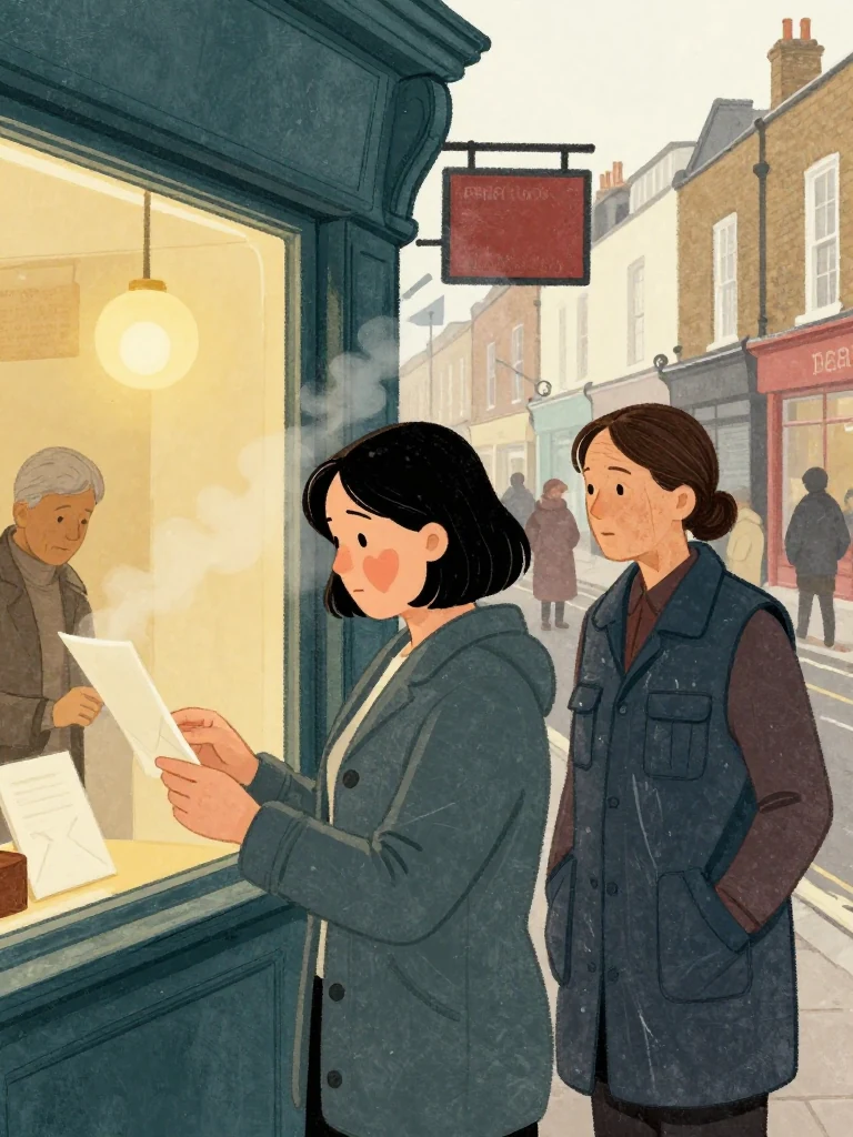 Hana Cho opens the envelope beneath warm shop light and holds its single sheet angled away from the viewer. Rosalind Finch stands close in her fastened coat, observing the reading as its witness. Steam drifts past fresh paint, gathered neighbors, closed tills, and bright windows along the local street. Setting: Okonkwo Laundrette, Marrow Lane.