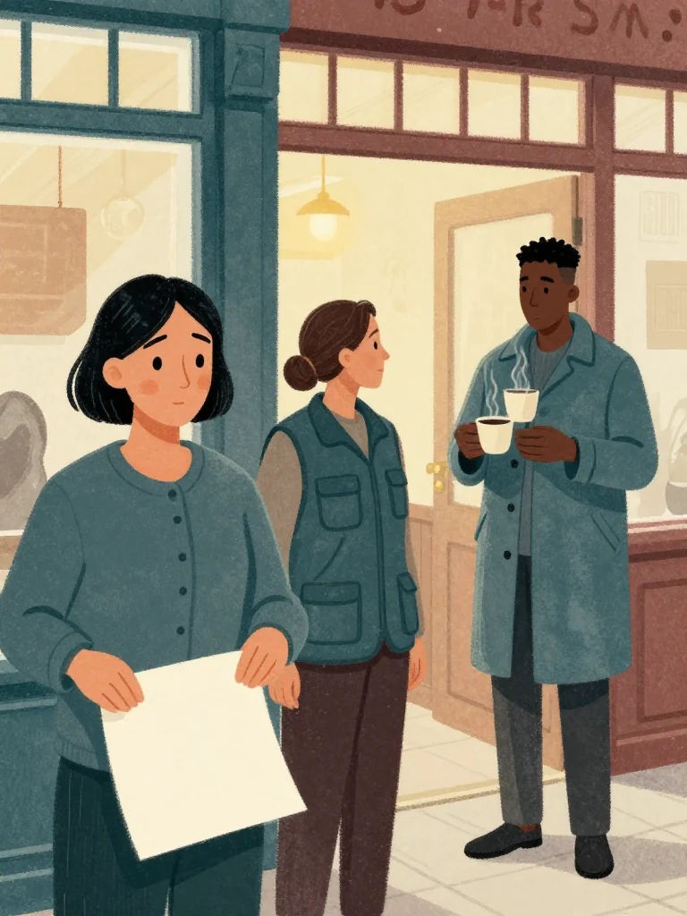 Hana Cho lowers the angled blank sheet while Rosalind Finch turns from beside her. Sam Okonkwo visibly arrives through the gathering with three steaming cups balanced in both hands. Warm shop light, fresh paint, highlife motion, and misted windows frame the three as the audit's next direction lands. Setting: Okonkwo Laundrette, Marrow Lane.