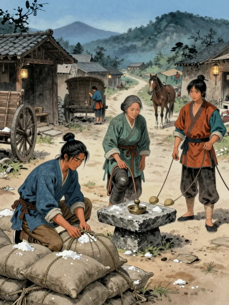새벽의 낡은 거안표국 마당에서 운담이 소금 가마니의 끈을 조이고, 여관영과 유마향이 절름거리는 밤색 말을 살핀다.