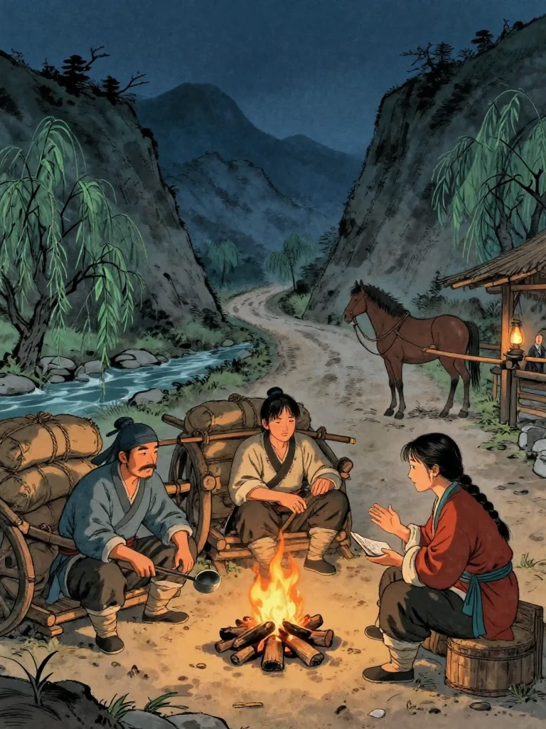 버드나무 여울의 작은 모닥불가에서 하일평이 국자를 들고 길을 살피고, 유마향은 말을 돌보며, 운담은 멜대를 무릎에 놓고 숨을 고른다.